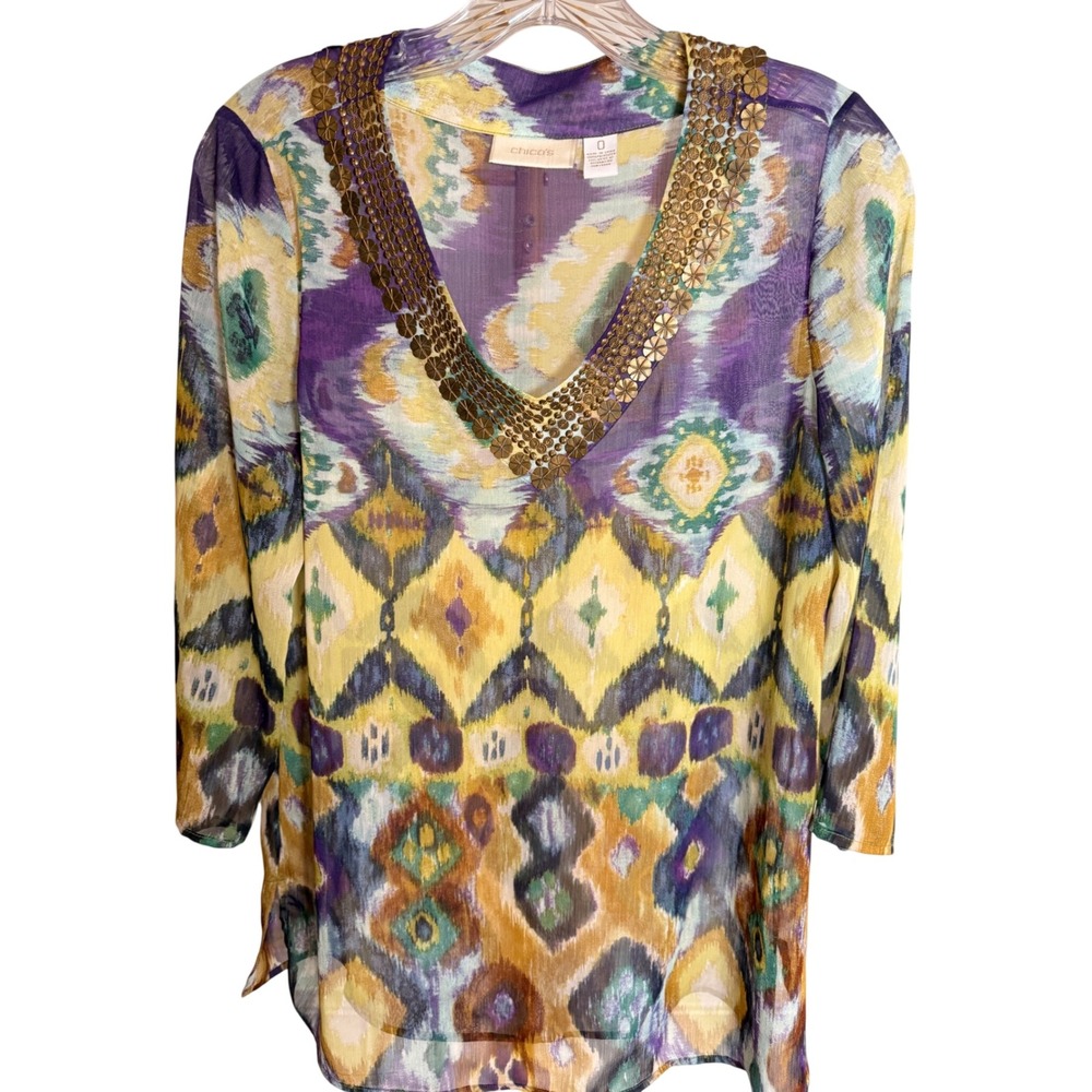 Chico's Boho Beaded Tunic Women's Size 0 Multicolor V-Neck